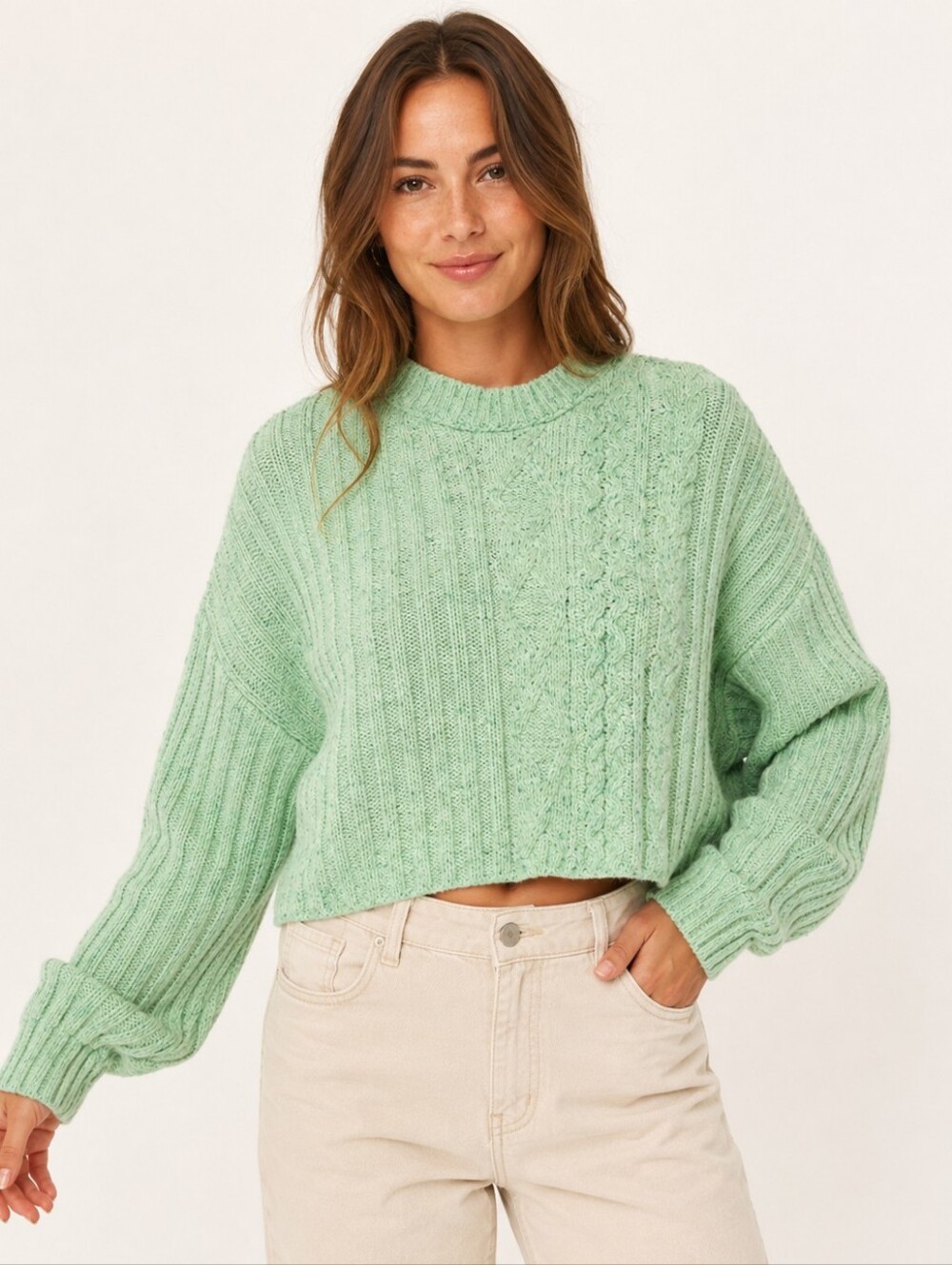 Free People Women’s XS Mint Green Cropped Oversized Cable Knit Sweater